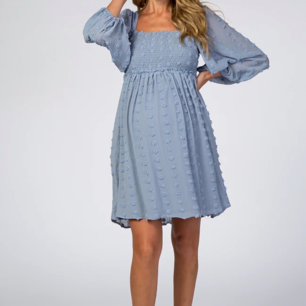 Pink Blush Textured Dot Smocked Square Neck Chiffon Maternity Dress